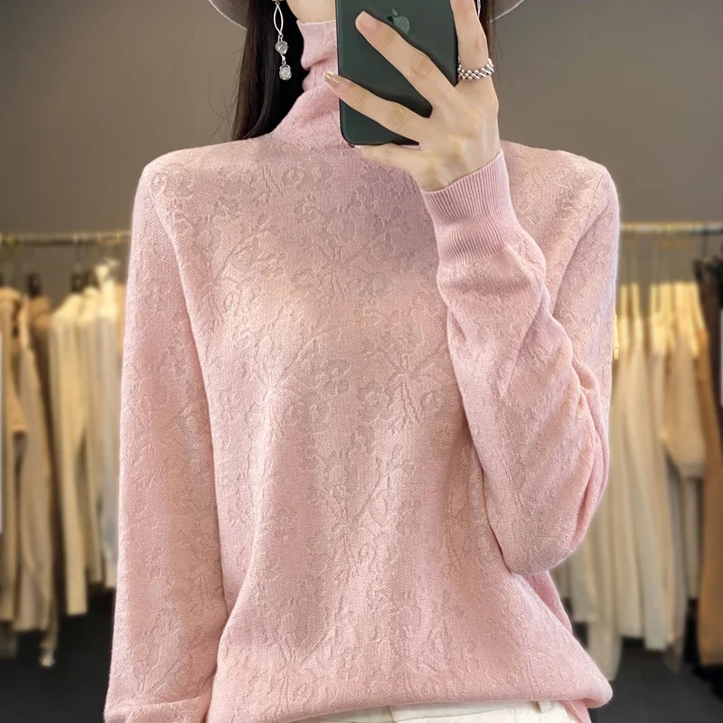 

Women 100% Merino Wool Sweater Pile Collar Knitted 3D Carved Hollow Pullover Autumn Winter Casual Soft Basis Knitwear Top