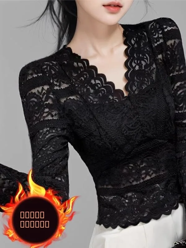 

Thiened Fce V-ne Lace Base irt Women's Long Sve Autumn Winter Bla Sexy ort irt Korean Sle Slim Fit Commute