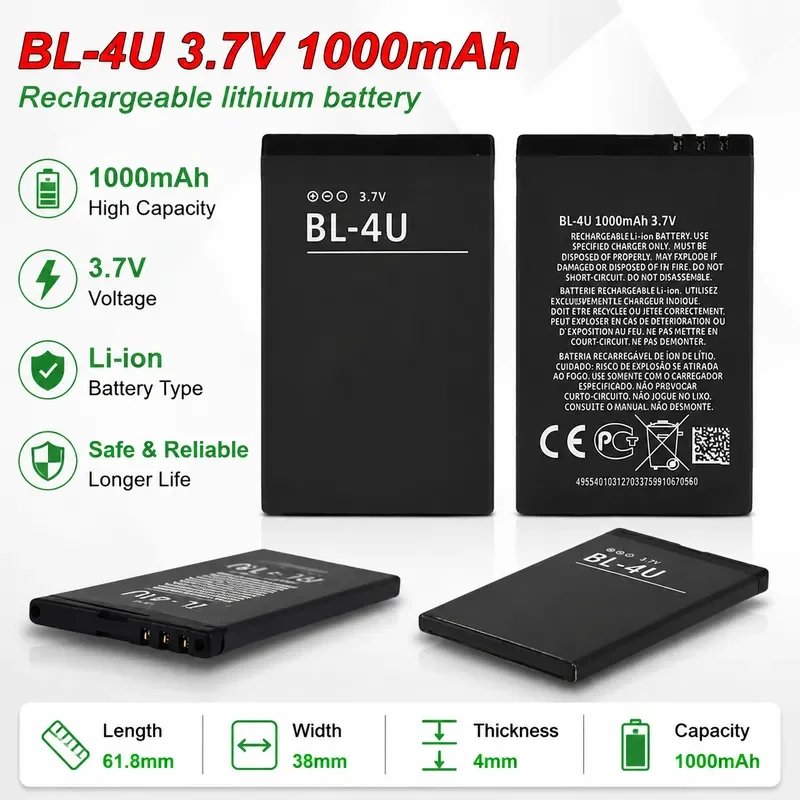BL 4U Battery 3.7V 1000mAh Rechargeable Cell for Nokia E66 E75 301 C5-03 C5-06 5250 5530 5730 6212C 6600S Mobile Phone