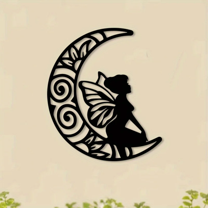 Angel Moon Iron Fairy Wall Art, Crescent Moon & Swirl Silhouette Decor for Bare Garden or Chapel, Durable Metal Sculpture for An