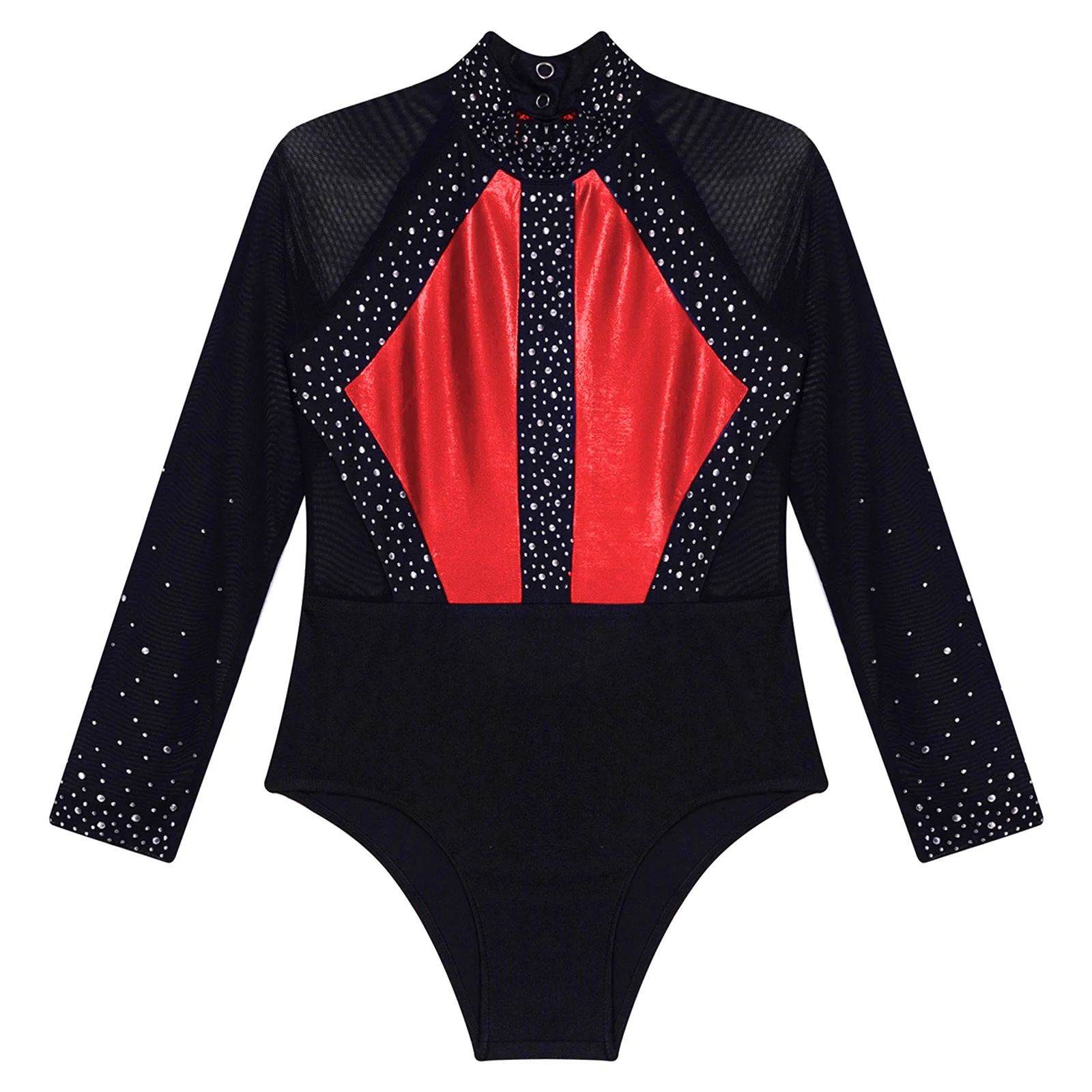 Kids Girls Shiny Rhinestones Rhythmic Gymnastics Figure Skating Costume Ballet Jersey Long Sleeve Unitards Biketards Jumpsuit