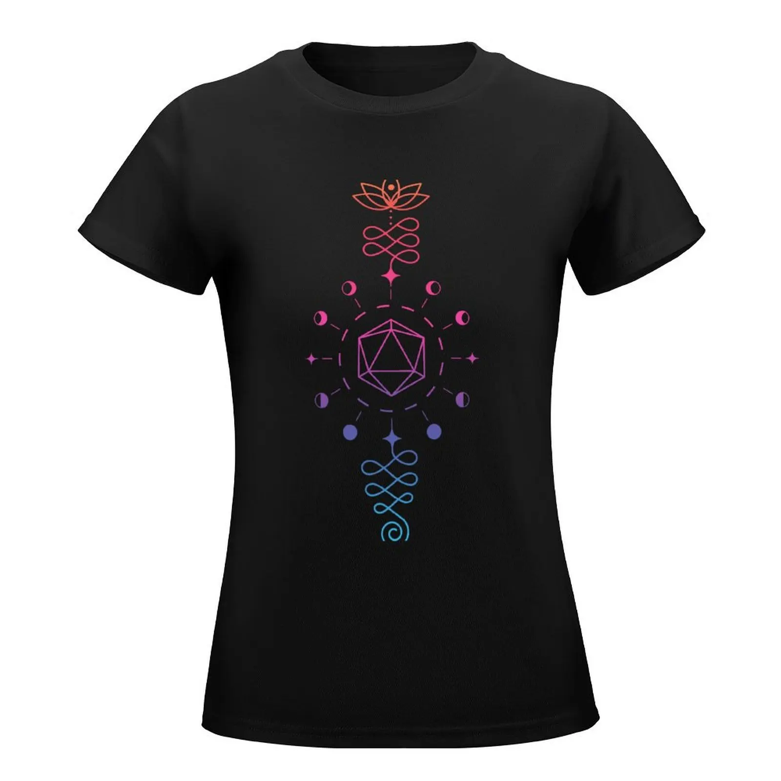 DND DICE, Cute and Colorful D20 Rainbow Moon Phase Unalome T-Shirt female sublime tees quick drying workout t shirts for Women