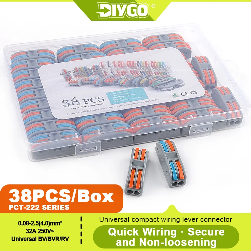 

DIY GO 38Pcs Docking Compact Conductor Splicing Terminals 2 Circuit Inline Lever Quick Wire Connectors, 28-12 AWG 2 in 2 Out