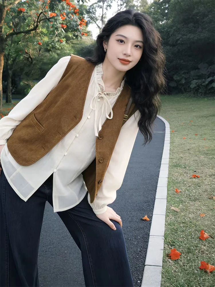 

plus Size Women's Fashionable V-Neck Vest Shirt And Slimming Jeans Spring Summer Three-Piece Set High Waist Long Sleeve Chiffon