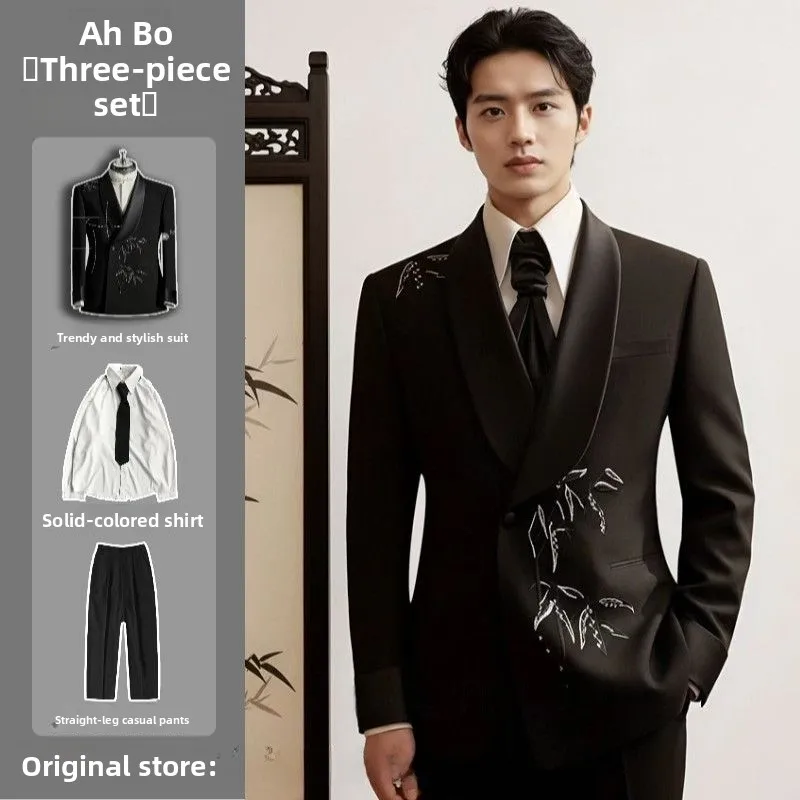 

Новый китайский мужской костюм для свадебной церемонии, банкета, торжественных мероприятий, комплект из пиджака и брюк, весна-осень, приталенный крой, полиэстер.