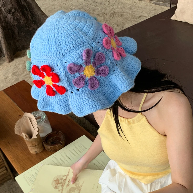 Japanese Niche Colorful Flowers Hollow Knitted Bucket Hats for Women Spring and Summer Vacation Fashion Versatile Basin Caps