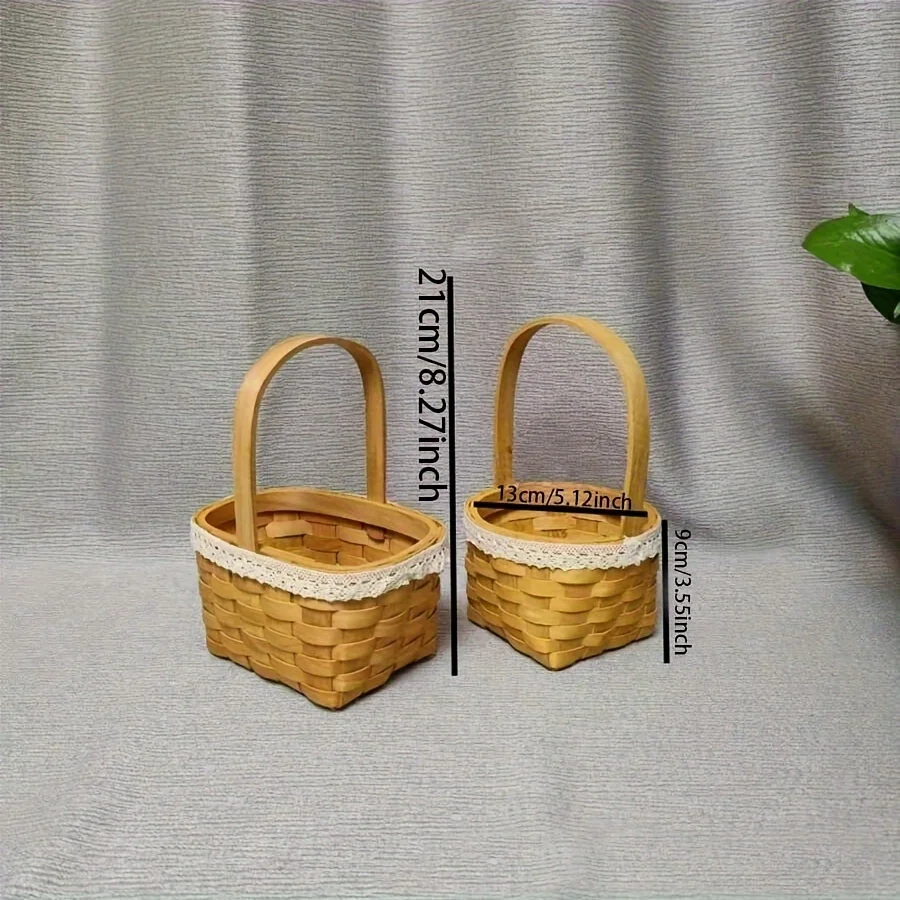 1pc Handmade Wood Woven Basket with Lace Trim, Portable Storage Basket with Handle, Small Picnic Flower Basket for Home Decor Pa