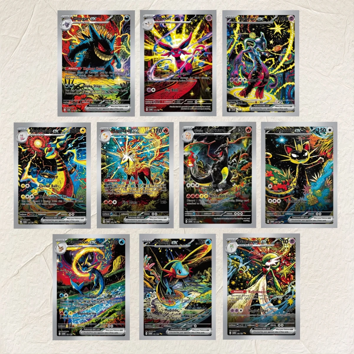 DIY Pokemon（Gengar Espeon Mewtwo Charizard）10Pcs Holographic Texture EN Version Premium Anime Collection Card Perfect Condition