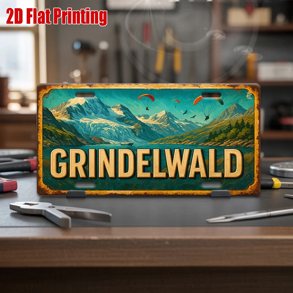 2D Flat, 2D Flat Print, 1pc Alpine Ski Landscape Metal Sign, Decorative Plaque 30.48cm x 15.24cm, Vintage Aluminum Sign for Ski
