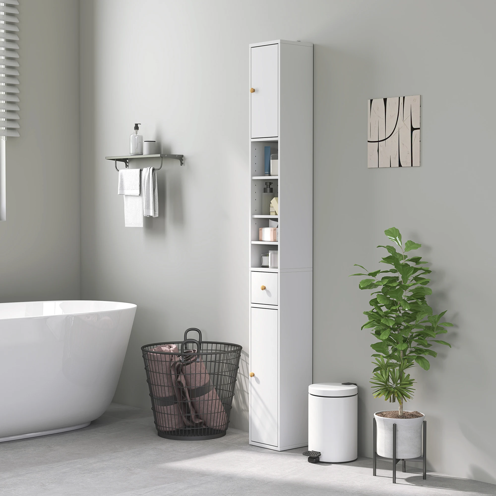 HOMCOM Badezimmerschrank schmal, Hochschrank Toilettenschrank mit Schublade, 3 offenen Fächern, verstellbarem Regal, Badschrank für kleine Räume, Badezimmer, Wohnzimmer 20 x 20 x 178 cm Weiß