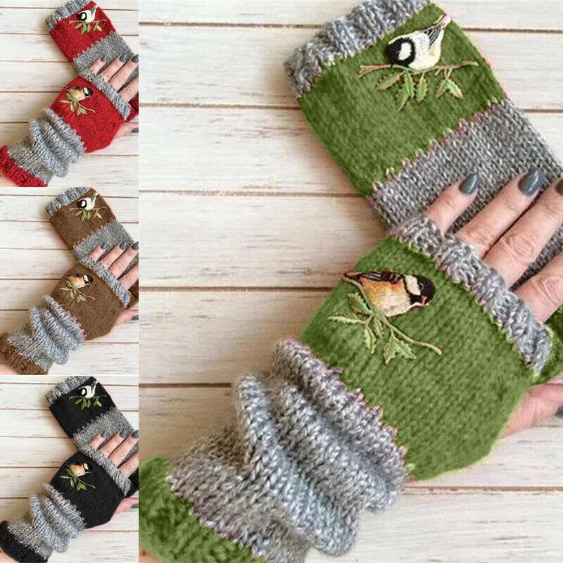 Women Embroidery Birds Gloves Cotton Fingerless Glove for Women Knitted Block Splice Mittens Girls Gloves Flip Knitting Mittens