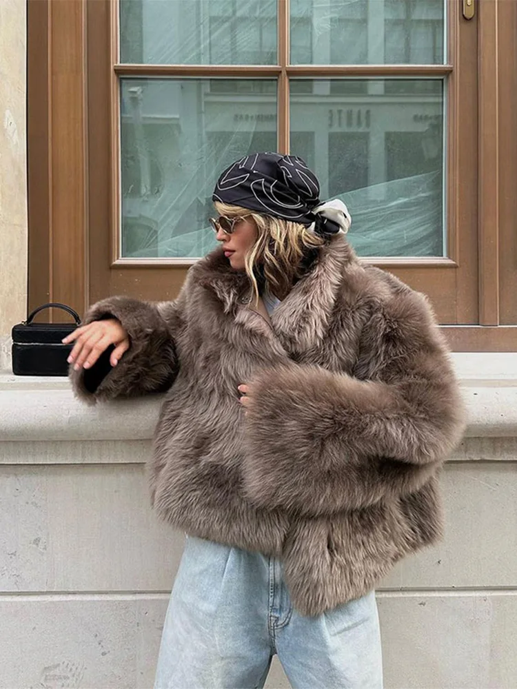 Elegant Brown Furry Faux Fur Thickened Short Coat Women Lapel Loose Long Sleeve Warm Jacket 2024 Winter Lady High Street Outwear