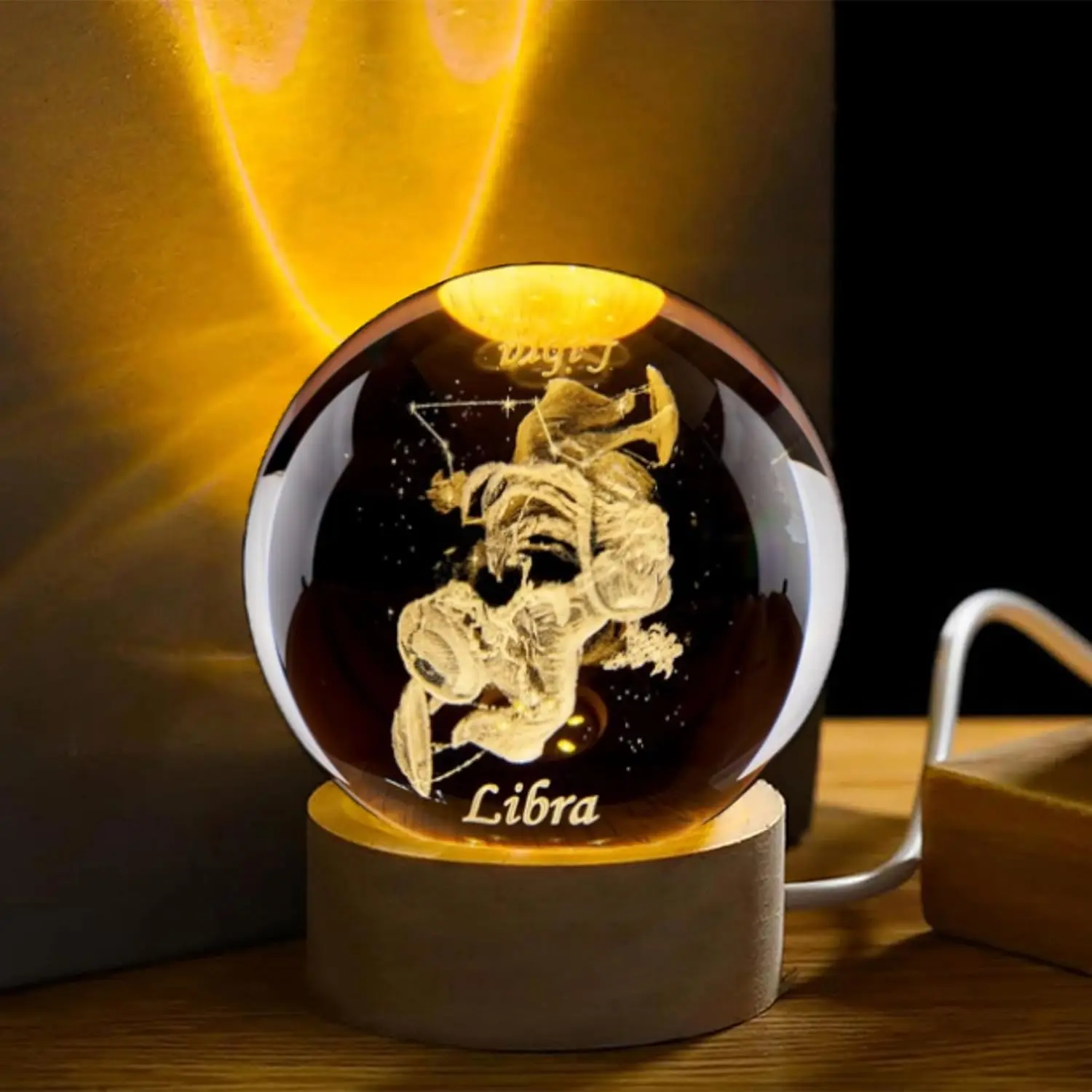 3D Libra Crystal Ball with Wooden Light Base Constellation Glass Sphere Decorative Balls Paperweight