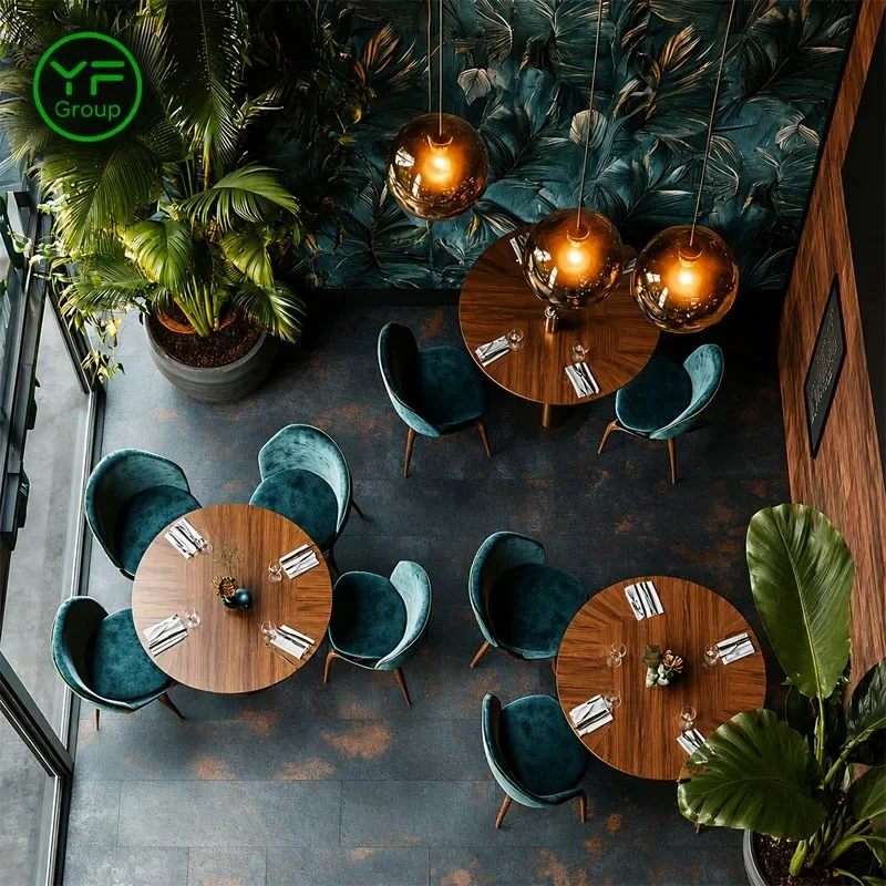 OEM High-End Restaurant Furniture Curved Tufted Velvet Booth Seating Wooden Table and Chair Commercial Hospitality