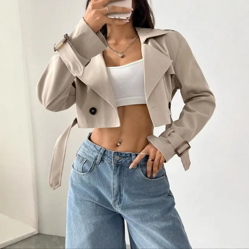 

2025 Belt Cropped Trench Spring Jacket Women Vintage Streetwear Double Breasted Long Sleeve Top Female Coat Outfits