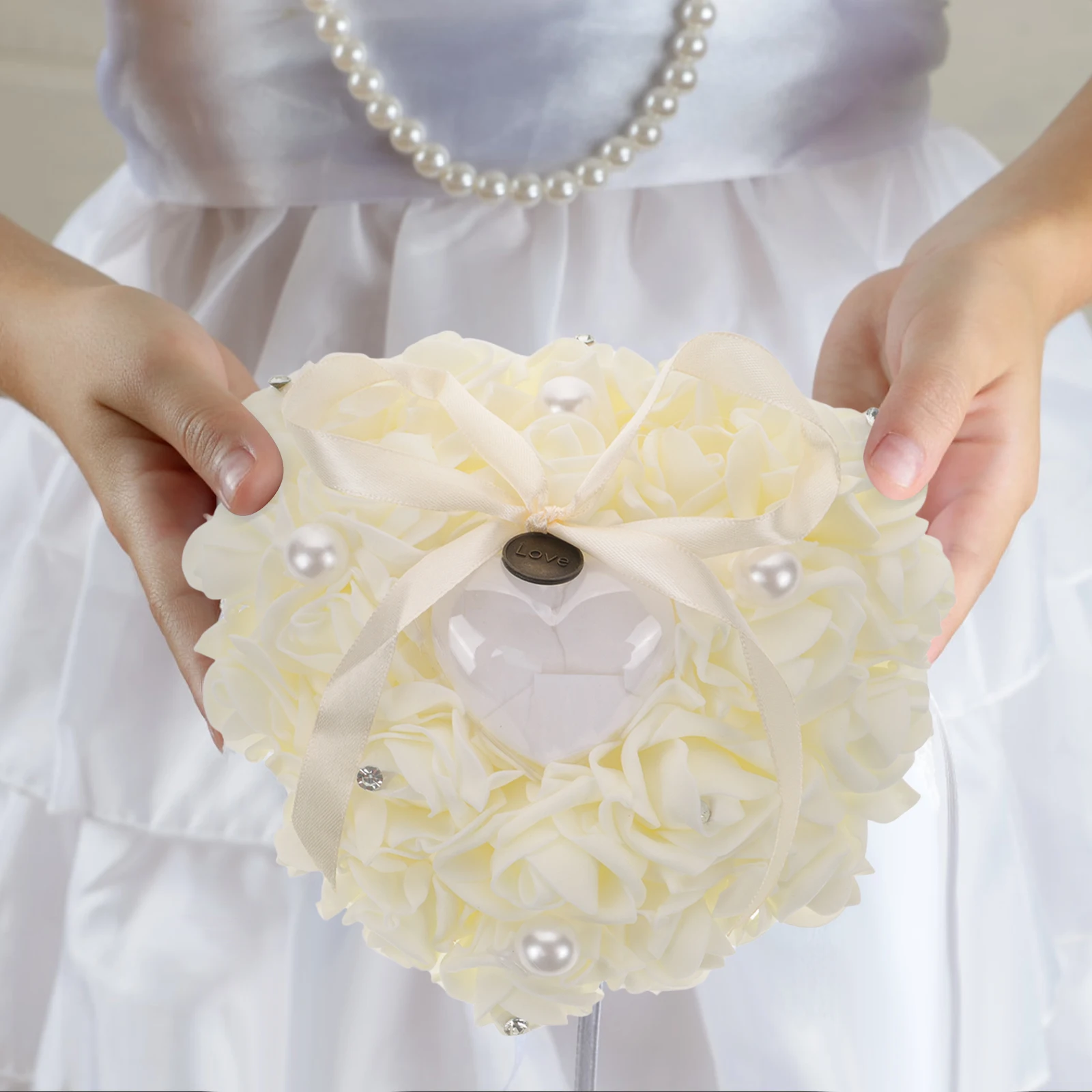 

Pearl Ring Pillow Heart Shaped Wedding Bearer PE Foam Rose Ivory Holder Cushion Engagement Proposal Romantic Gift