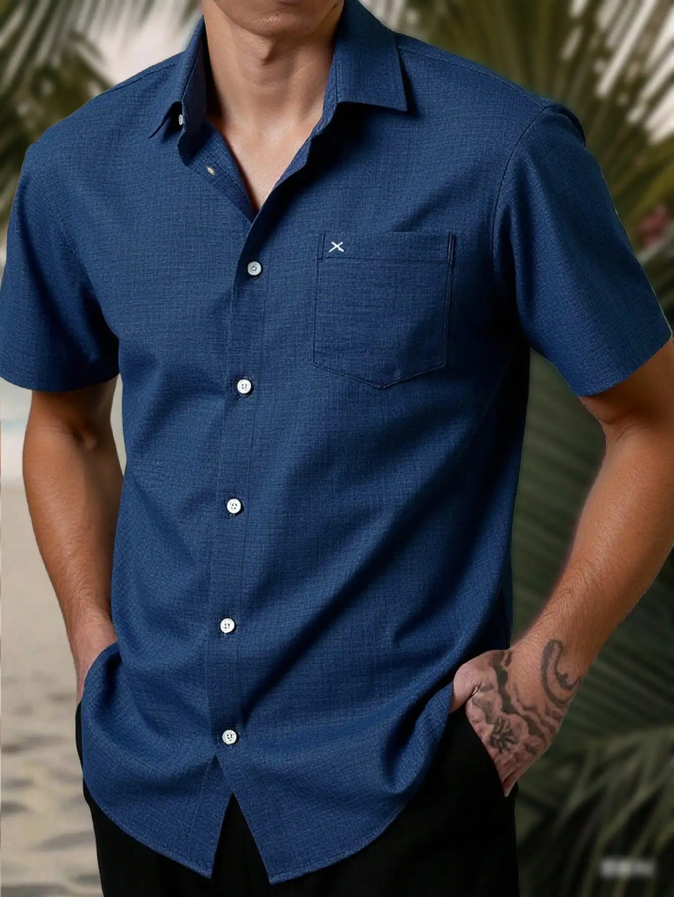 

Мужская повседневная синяя рубашка с коротким рукавом, на пуговицах, с нагрудным карманом
