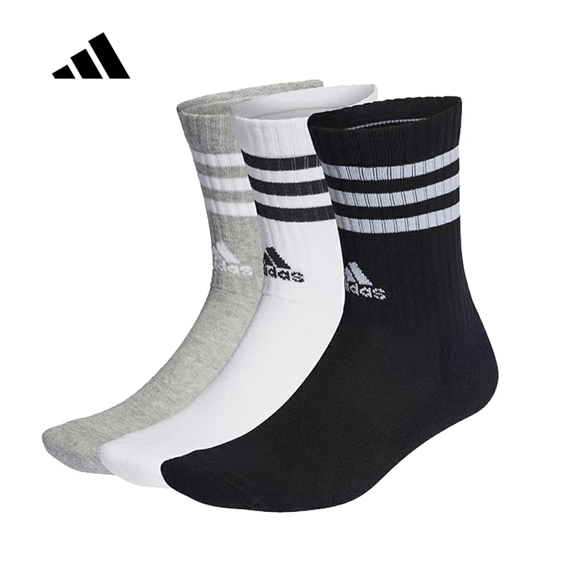 

adidas 3-Stripes Cushioned Crew Socks 3-Pack Unisex Cotton Breathable Running Training Socks Black White Grey IC1323