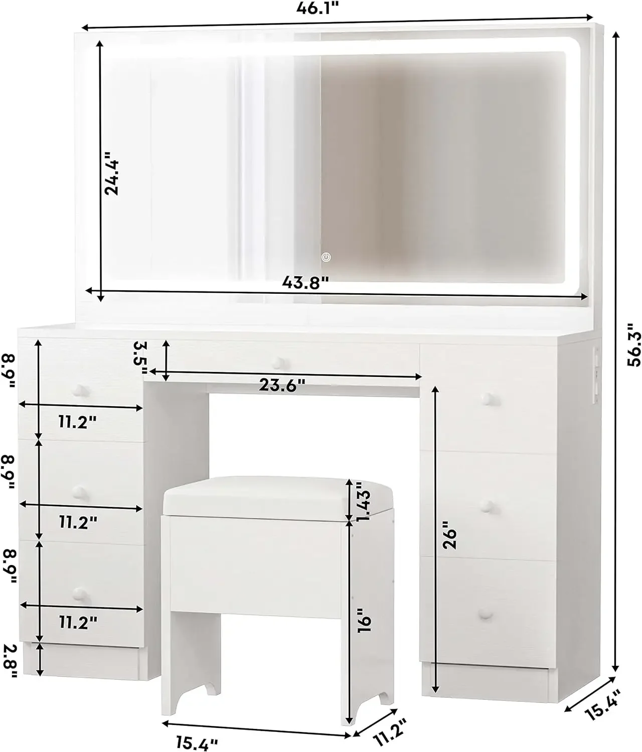 Kaptafel Set Met Led Verlichte Spiegel En Stopcontact, 7 Laden Make-Up Wastafels Kaptafel Met Kruk, Voor Slaapkamer