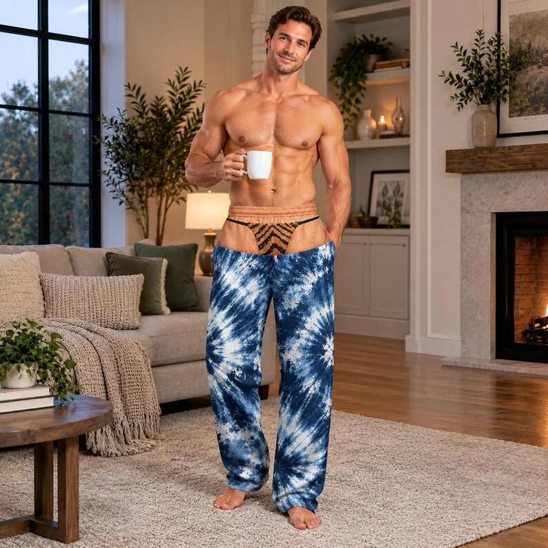 Fun Men's Tie Dye Leopard Print Open Back Hip Design with Blue and White Spiral Tie Dye Pattern Elastic Drawstring Casual Pants