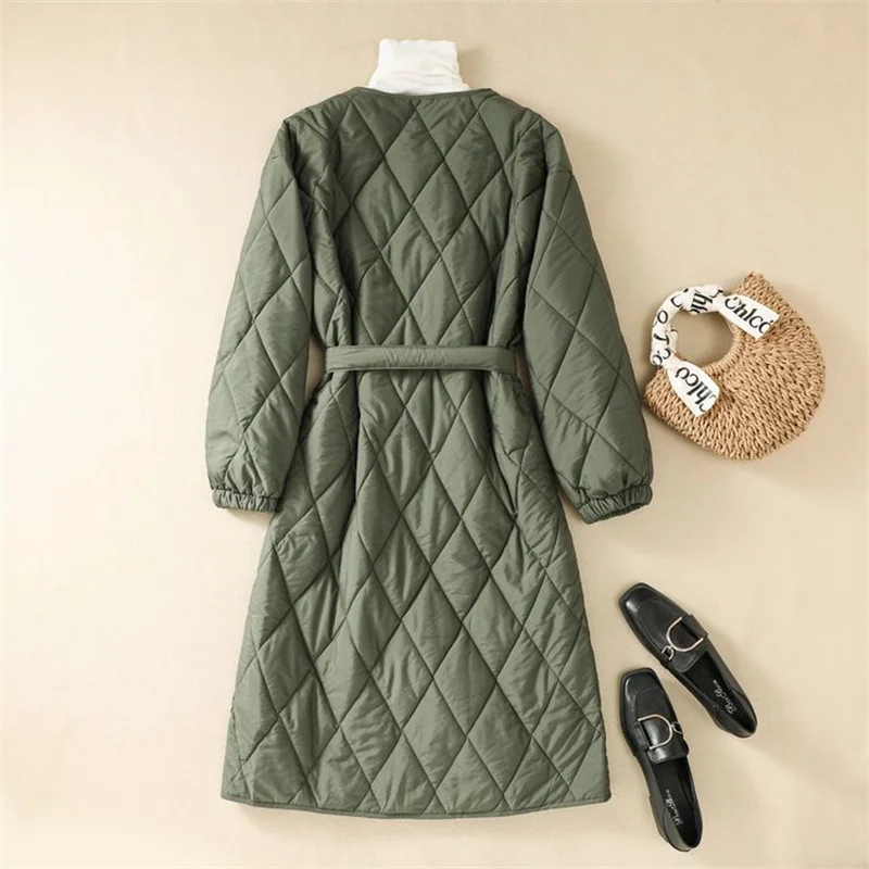 Fashion Light Thin Military Green Down Cotton Jacket Women's Autumn Winter Mid Length Diamond Plaid Cotton Coat With Belt 2024