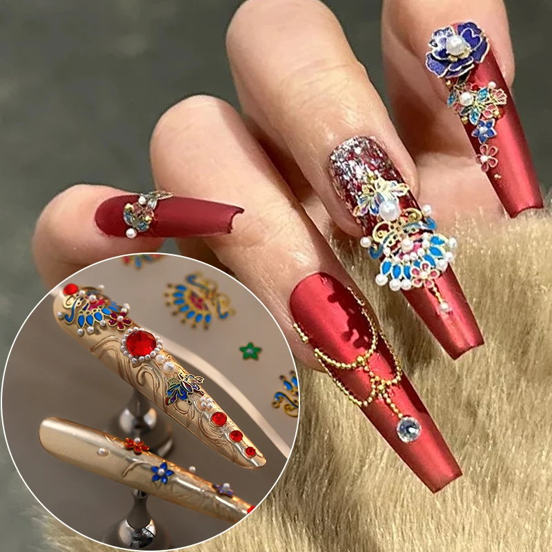 Metal Flowers 3D Nail Art Decoration Ancient Chinese Style Nail Alloy Drill Stones Rhinestones Manicure DIY Nail Accessories