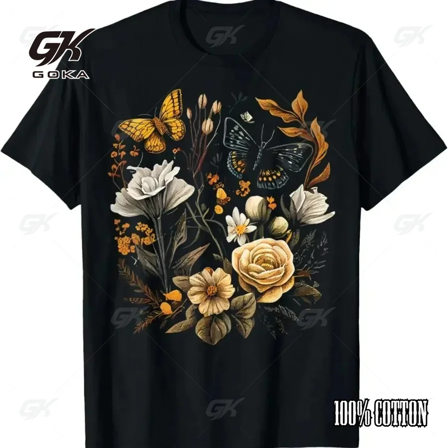 Vintage Pressed Flowers Butterflies Floral Boho Wildflowers T-Shirt Crew Neck Casual Style Unisex Clothes Great with Jeans