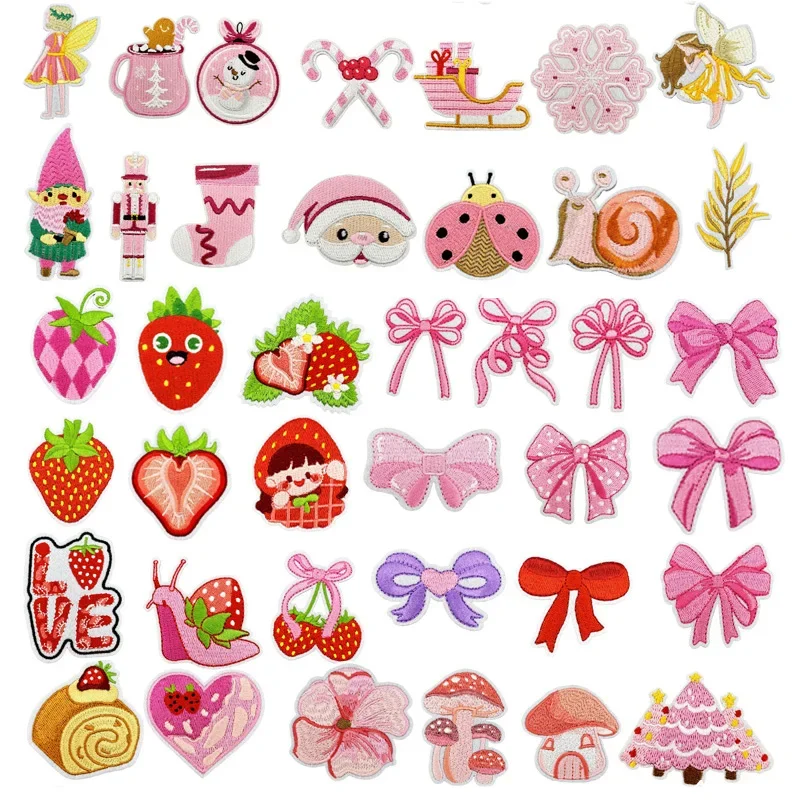 Ironing Patch Cartoon Pink Bow Anime Strawberry Snail Hair Pink Christmas Cloth Strawberry Collection and Bow Iron on Patch