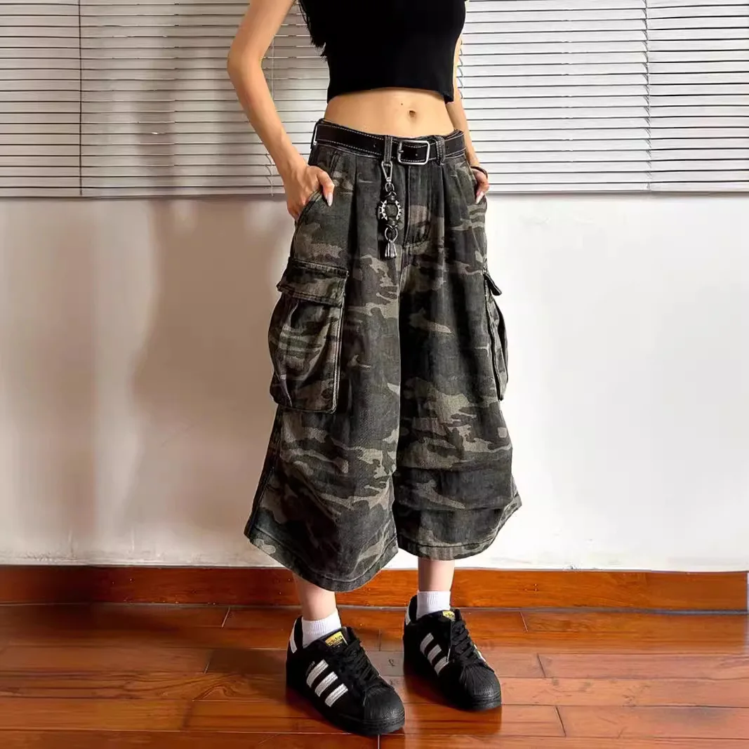 Unisex jeans bijgesneden broek 2025, retro noodlijdende cargobroek, unisex camouflage denim stijl, rechte crop broek met wijde pijpen