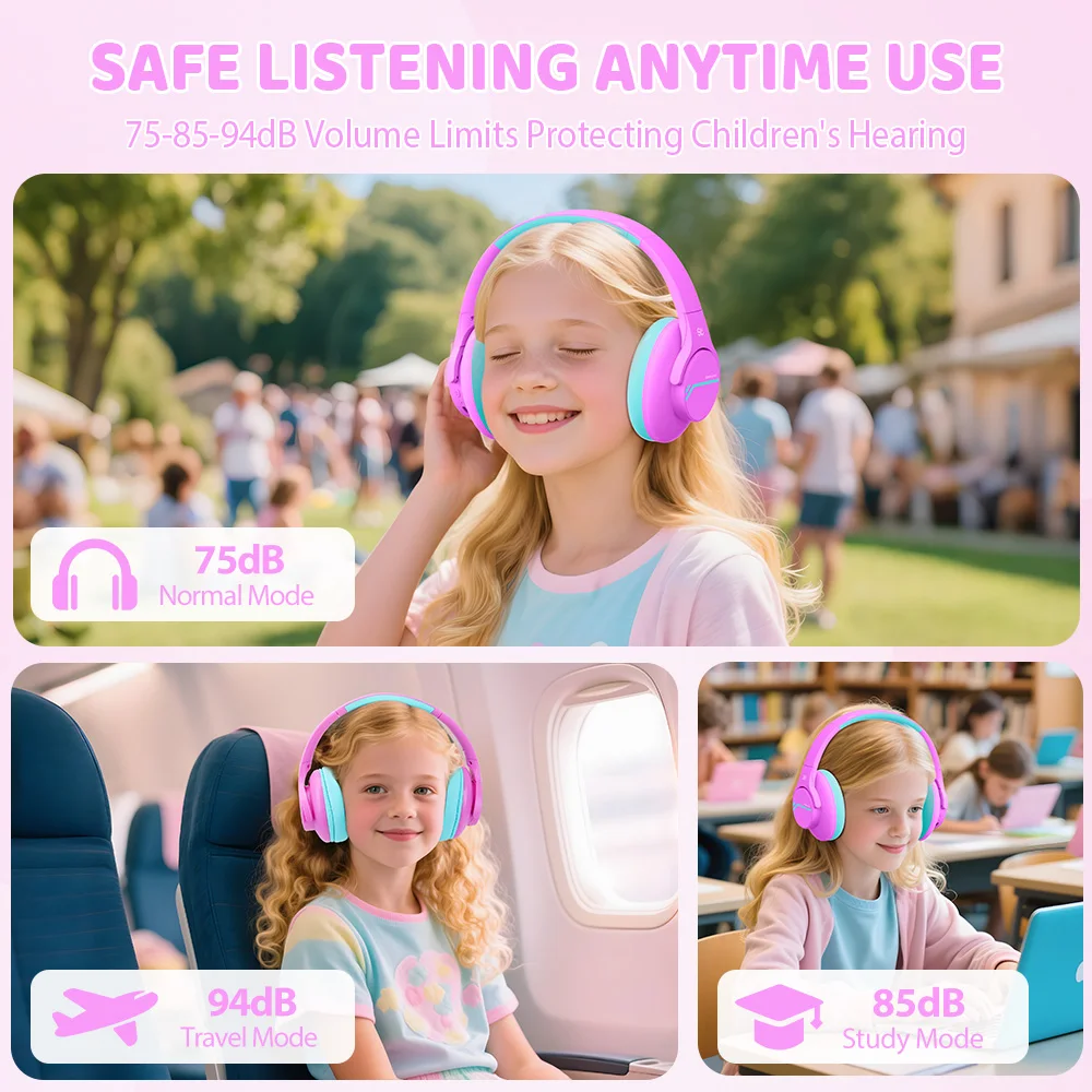 Anc sem fio bluetooth fone de ouvido crianças com cancelamento de ruído fones sobre a orelha dobrável proteção auditiva para viagens escola