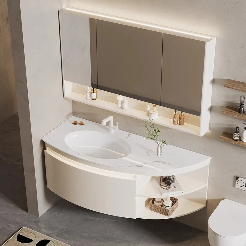 Rock slab seamless ceramic integrated basin bathroom cabinet combination circular arc toilet washbasin sink washbasin cabinet