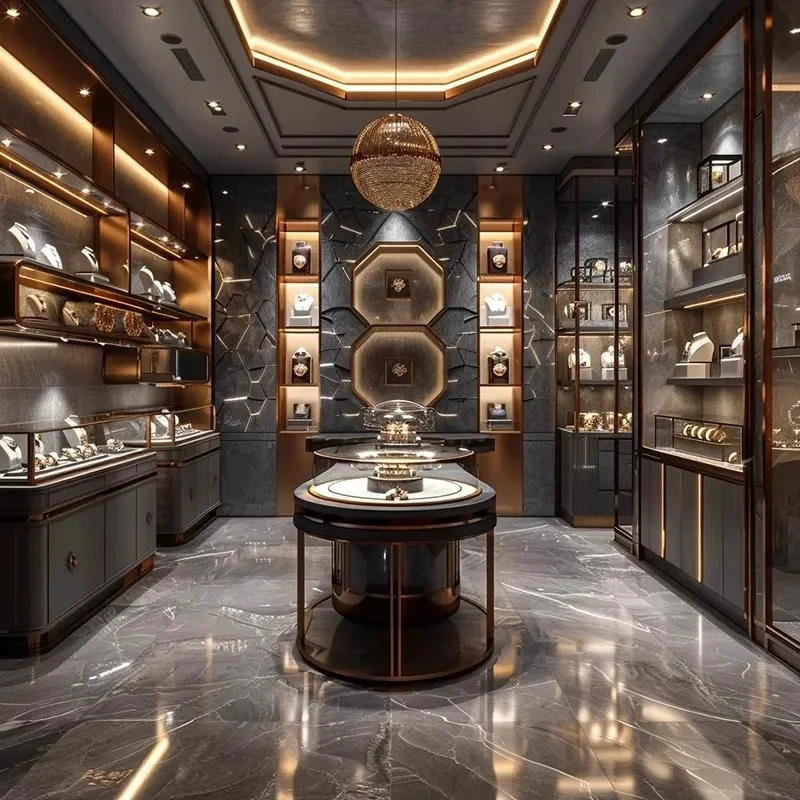 custom.Customized Gold Jade Silver Jewelry Display Cabinet LED Lights Glass Island Counter Mall Use Store Shelves Showcases Muse
