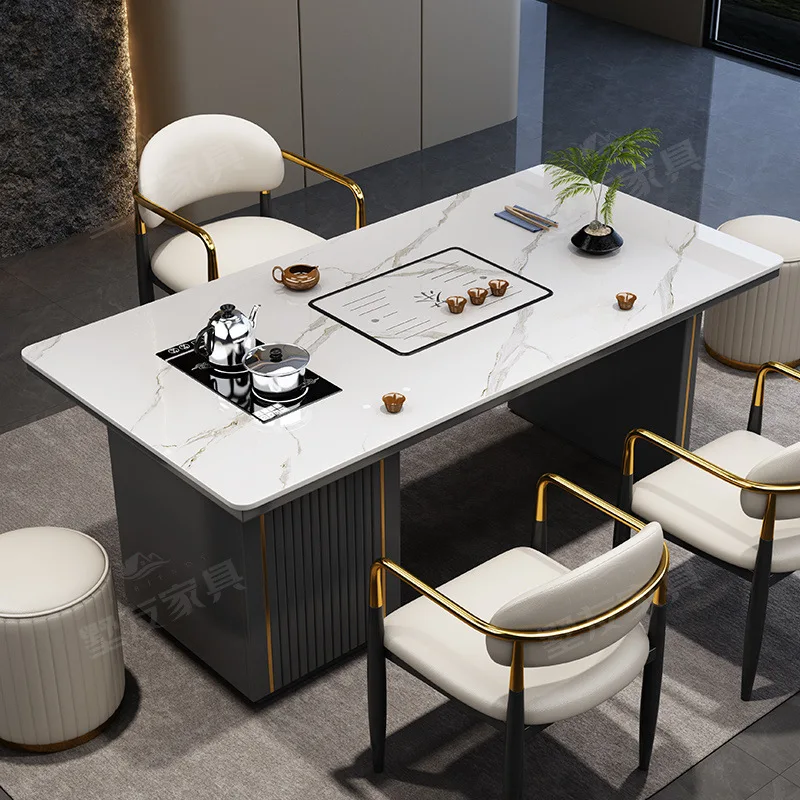 

Rock slab tea table and chair combination modern simple light luxury with locker home office small apartment Kung Fu tea table