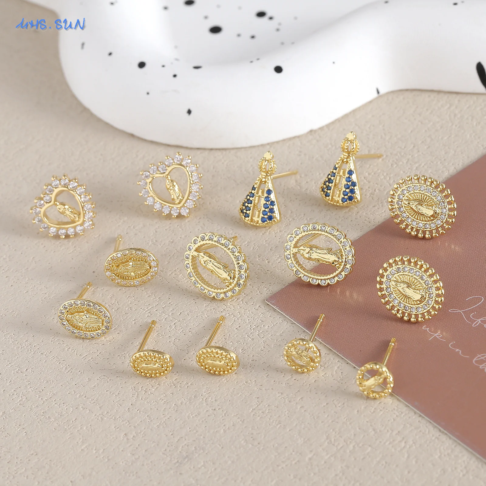 MHS.SUN Zircon Virgin Mary Portrait Stud Earrings for Women Exquisite Gold Plated Santa Maria Earring Religion Jewelry Gift