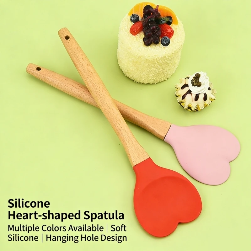 HX6C Wooden Handle Heart Silicone Cooking Spoon Spatula For Baking Sauteing And Serving Dishwasher Safe Kitchen Gadget
