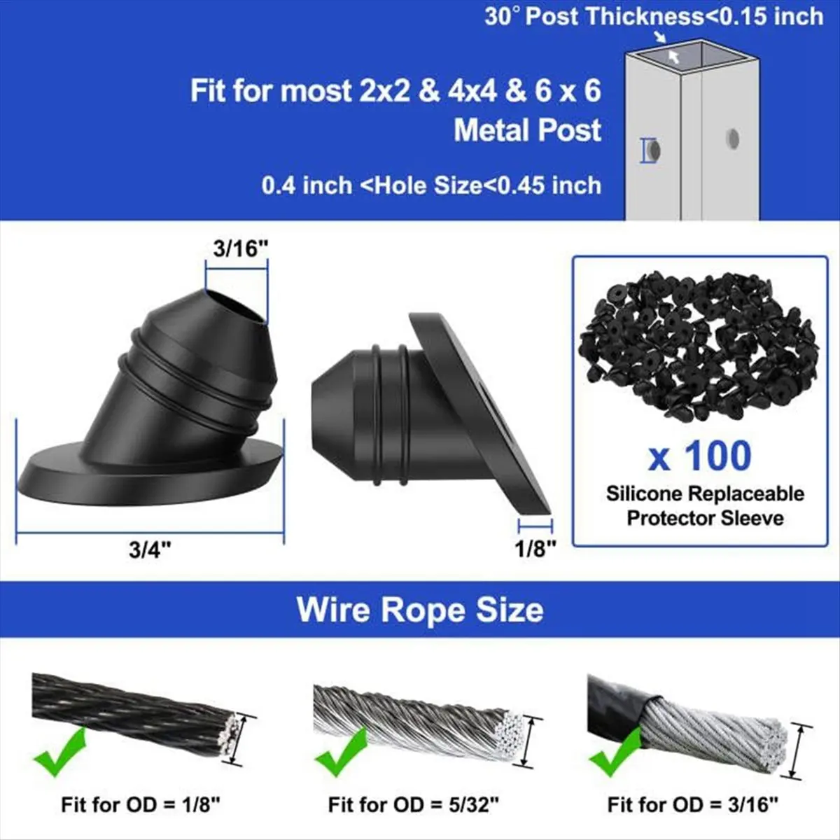 【WSFS】 100PCS 30 Degree Cable Railing Rubber Grommets for 1/8in 5/32in 3/16in Cables Metal Cable Railing Posts, Sleeves Grommet