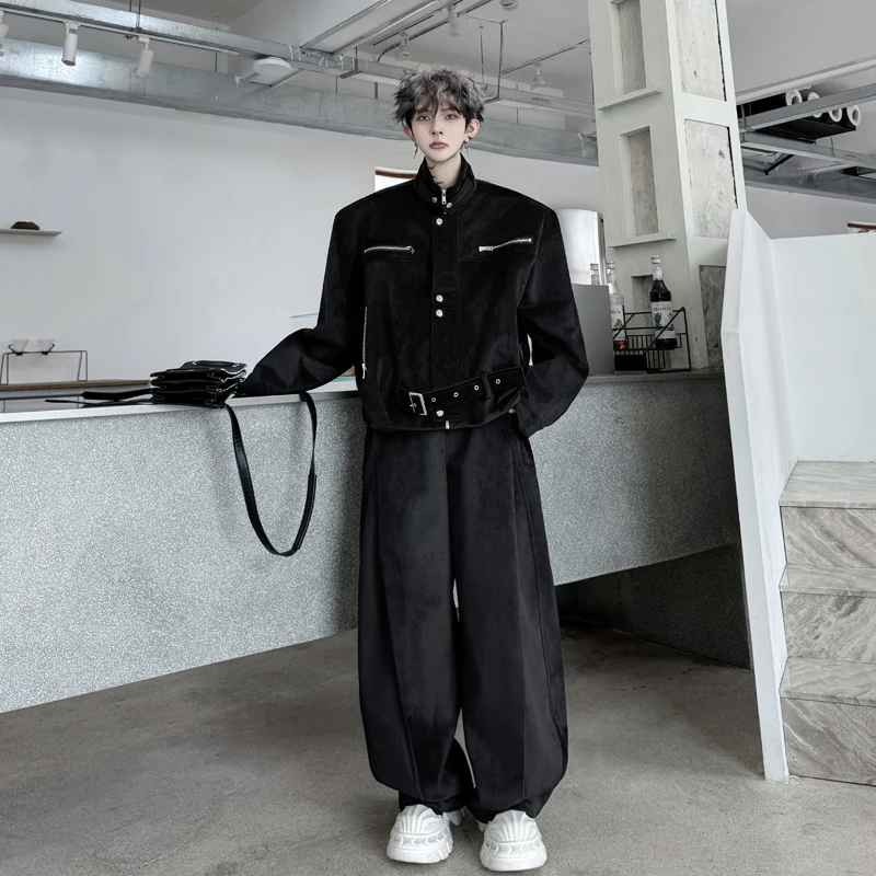 الرجال 2025 شتاء جديد متعدد سستة تصميم الوقوف طوق سترة مجموعات الرجال موضة واسعة الساق السراويل الطويلة سميكة قطعتين مجموعات