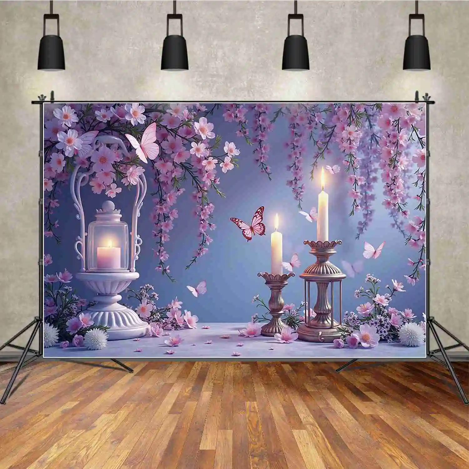 MOON.QG Pink Purple Children Birthday Photozone Backdrop Hanging Flowers Balloons Butterfly Baby Photography Shooting Background