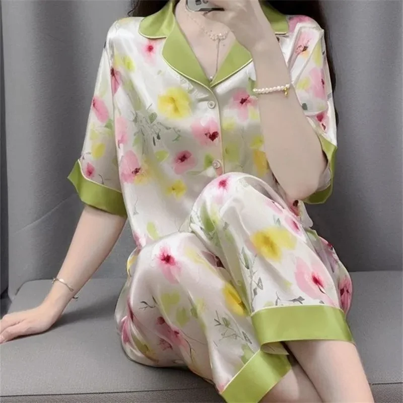 Advanced Feeling Female Fashion Silk Home Clothing Summer Women Short Sleeves Printing Suit Korean Ladies Ice Silk Pajamas 2PCS