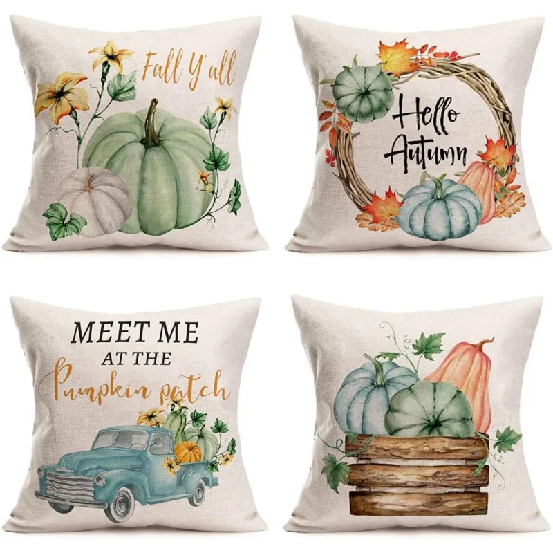 

Thanksgiving Pumpkin Home Autumn Decoration Pillow Set with 4 Autumn Harvest Maple Leaf Flowers and Blue Truck