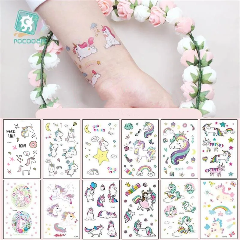 Bonito arco-íris unicórnio design à prova dwaterproof água tatuagens temporárias adesivos para crianças menina presente transferência de água