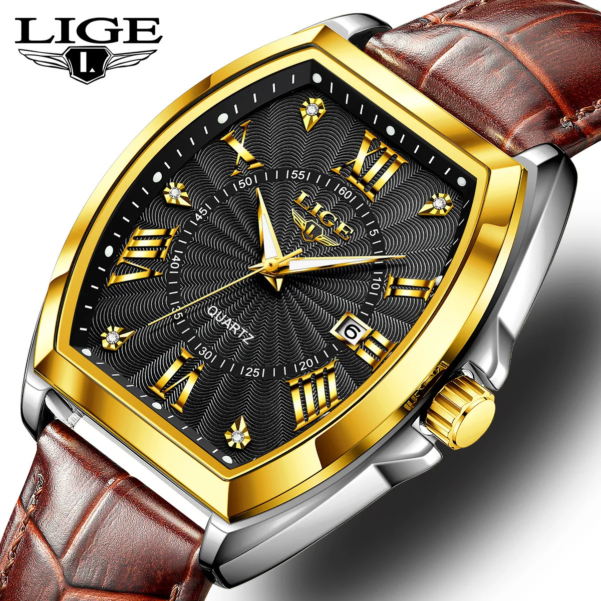 

LIGE Leather Watches Fashion Business Men's Quartz Wristwatch Luxury Diamond Dial Waterproof Luminous Man Watch Calendar Clock