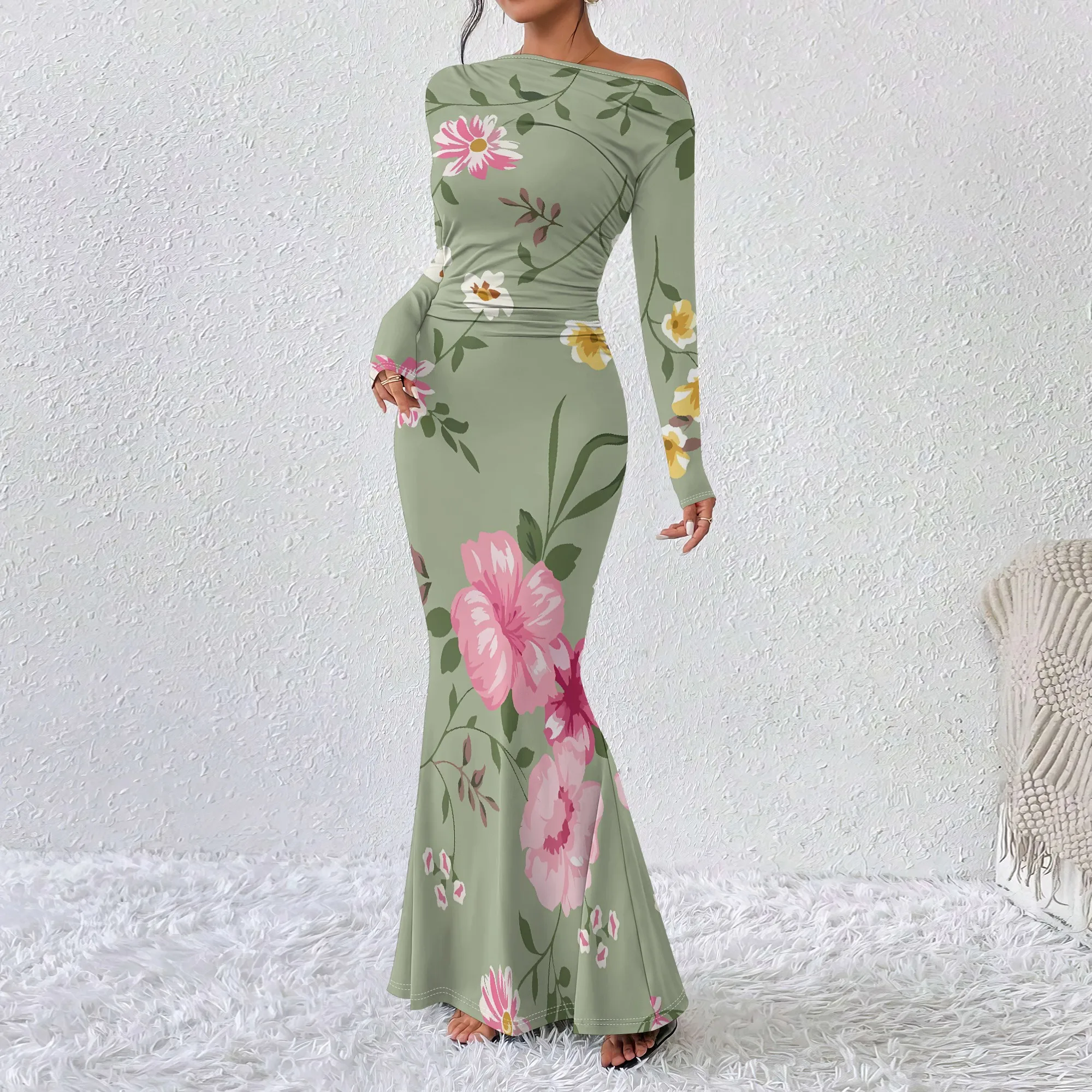 

Nupusa Floral Print Off Shoulder Long Sleeve Maxi Dress