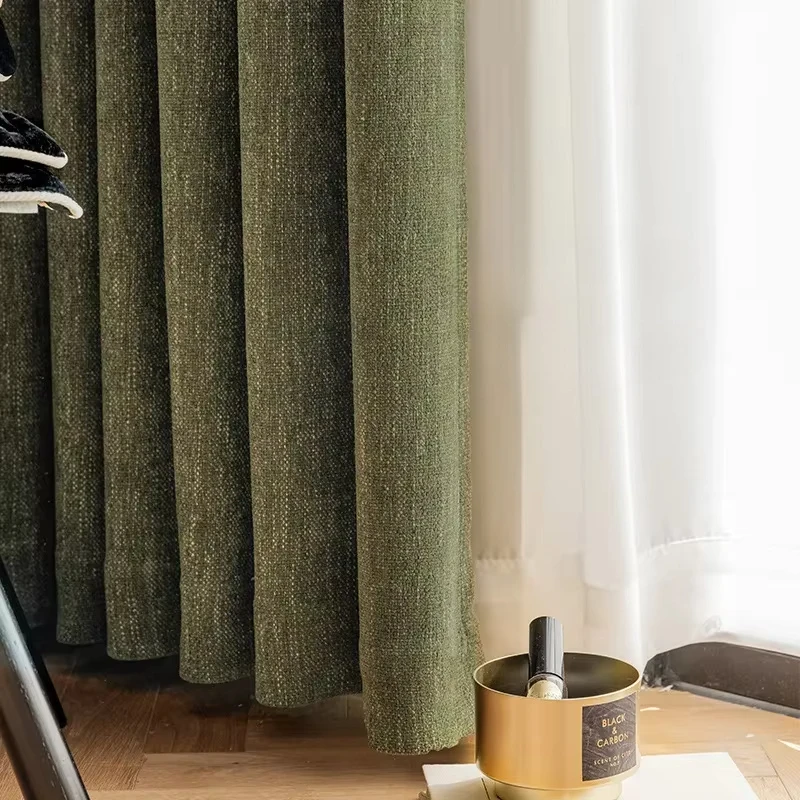 French Yarn-dyed Thick Chenille Curtains for Living Room Balcony Bedroom Mid-century American Style Black Edge Blackout Custom