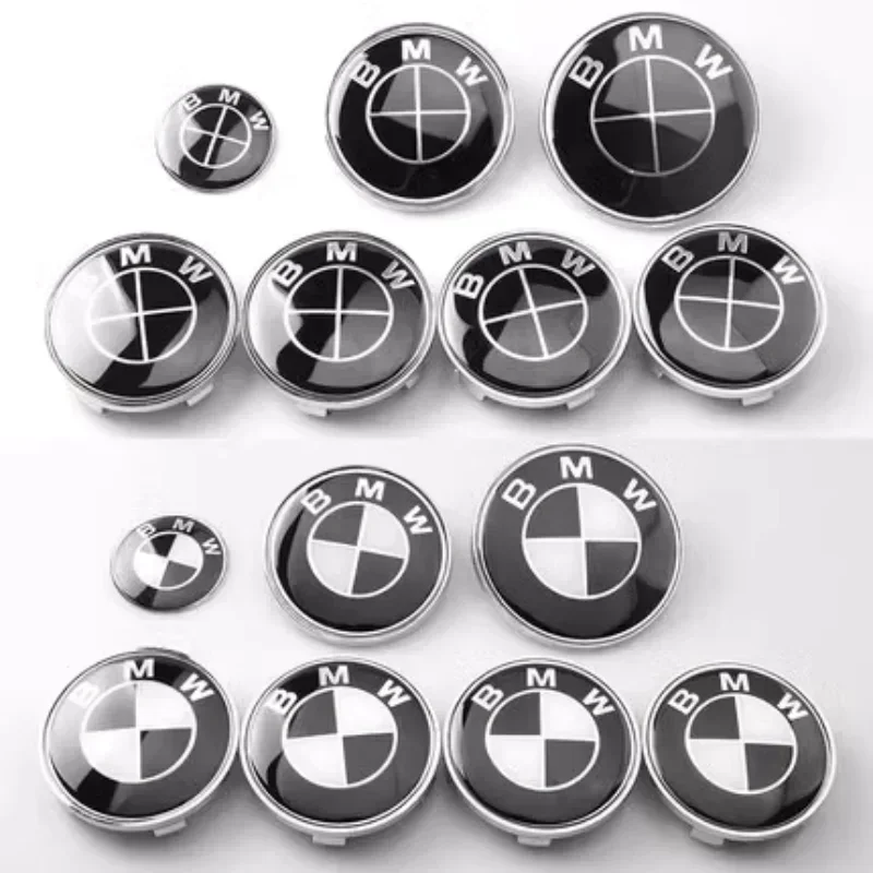 BMW Front Hood Emblem black white Logo 81mm+Rear Badge 74mm+Wheel Hub Cap 68mm+56mm Steering Wheel Sticker 46mm Accessories