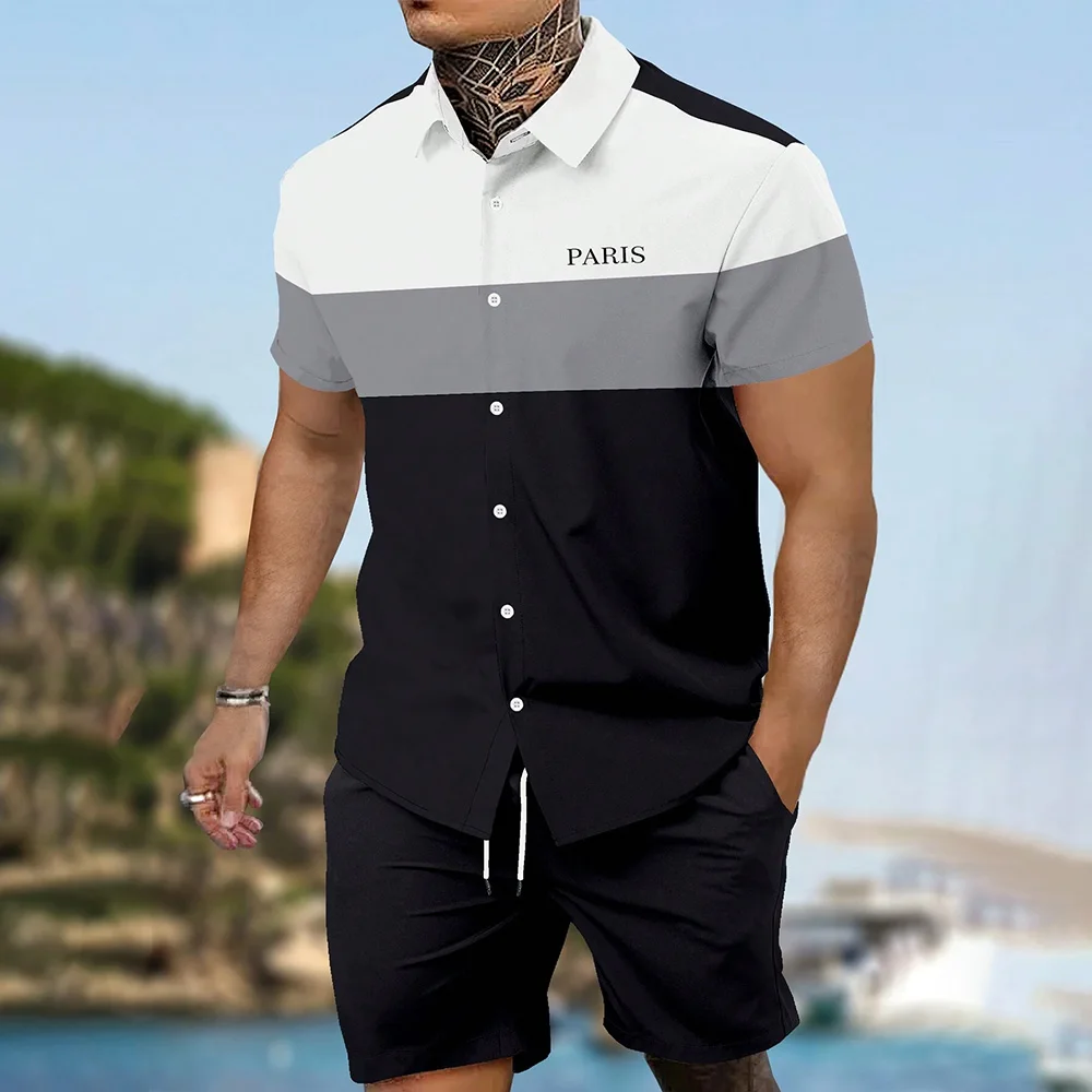 Striped Patchwork Button Down Shirt And Shorts Set Men's 2-Piece Hawaiian Short Sleeve Beach Shirt Drawstring Shorts Tracksuit