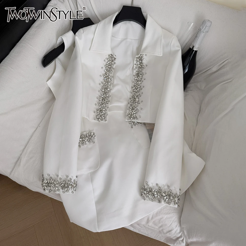 

TWOTWINSTYLE Elegant Solid Two Piece Sets For Women Round Neck Long Sleeve Top Sleeveless Dress Casual Set Female New KSE550548