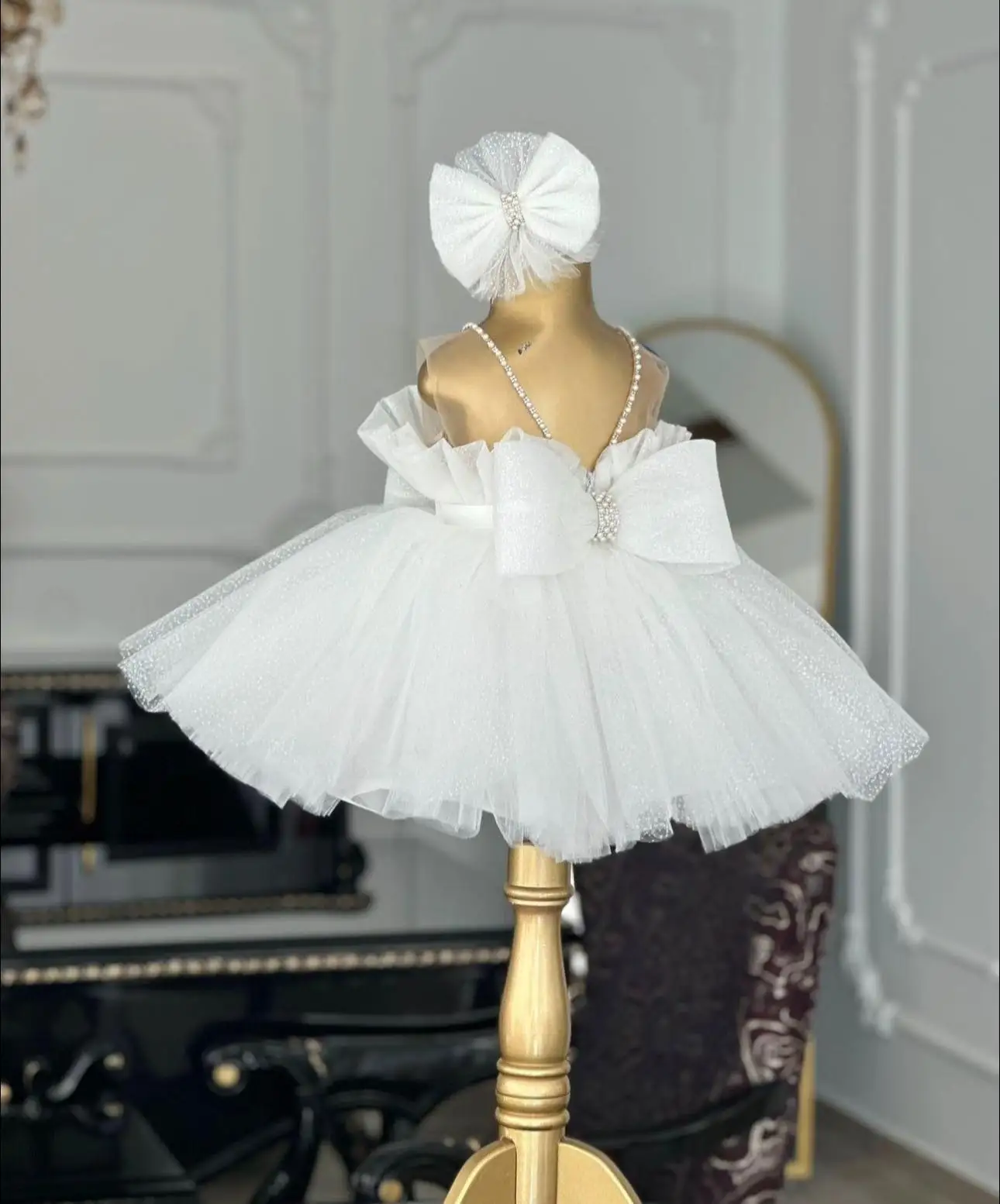 White Pearls Flower Girl Dresses For Wedding Customized Bow Back Litter Kids Baby Birthday Gowns First Communion Dresses