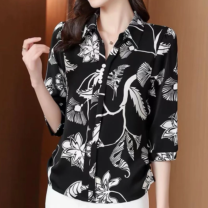 Casual Fashion Floral Printed Button Chiffon Shirt Summer 2022 New Polo-Neck Half Sleeve Loose Pullovers Blouse Women\'s Clothing