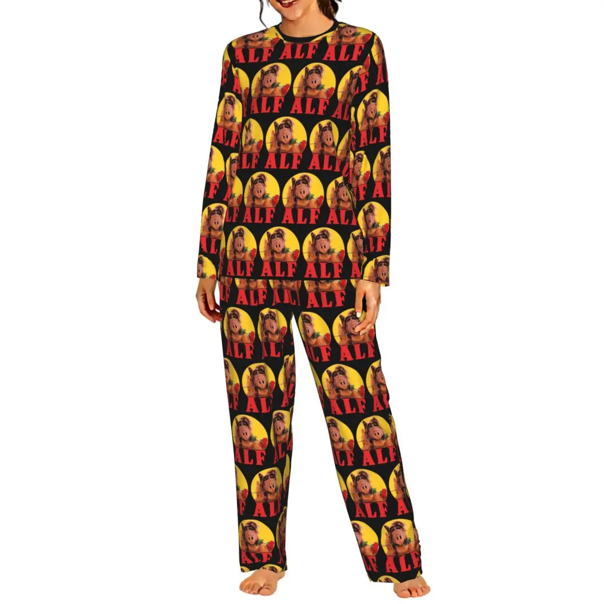 ALF The Animated Series Multicolor Round Neck Long Sleeves Nightdress for Sleeping Sleepshirts Women Soft Pajama Set Long Pants